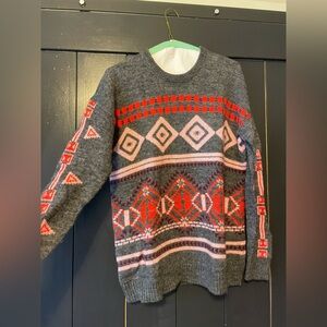 J Crew Small Sweater. Gray and red/pink/white design.